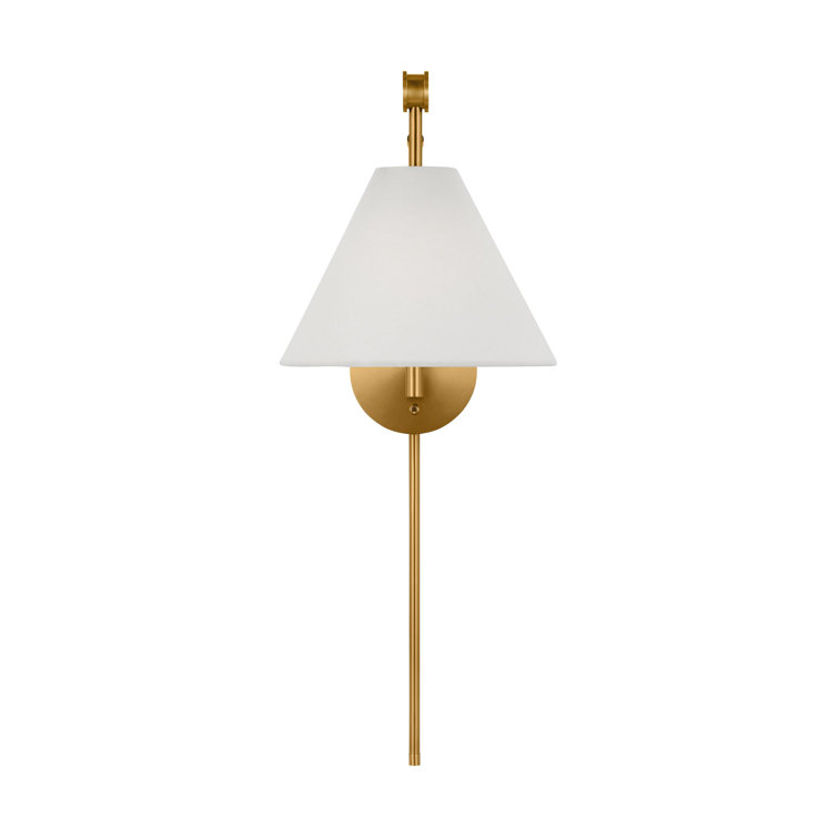 Burnished Brass Direct Wired Electric Sconce with White Linen Shade