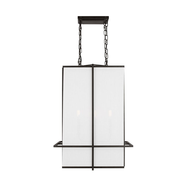 Aged Iron 4-Light Lantern Chandelier with White Linen Shade