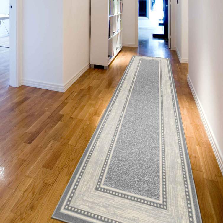 Gray Washable Non-Slip Synthetic Runner Rug with Bordered Design