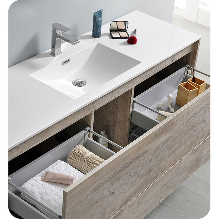 Transitional Wall-Mounted 59'' Solid Wood Off-White Vanity with Acrylic Top