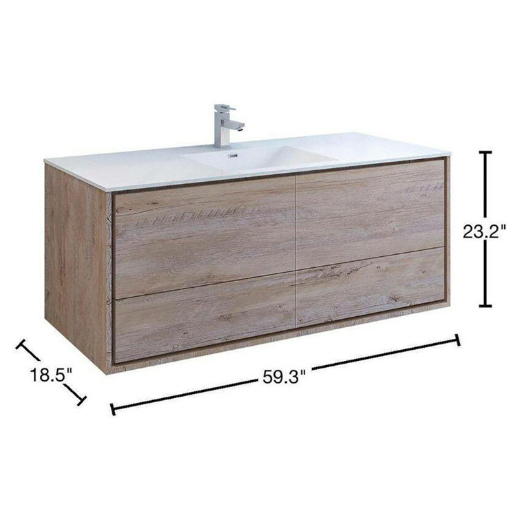 Transitional Wall-Mounted 59'' Solid Wood Off-White Vanity with Acrylic Top