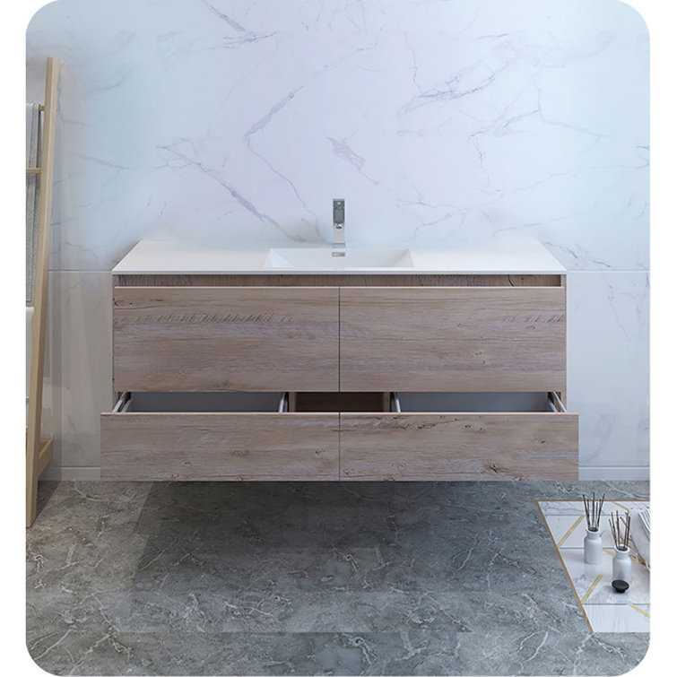 Transitional Wall-Mounted 59'' Solid Wood Off-White Vanity with Acrylic Top