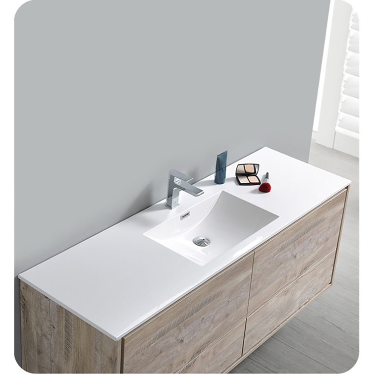 Transitional Wall-Mounted 59'' Solid Wood Off-White Vanity with Acrylic Top