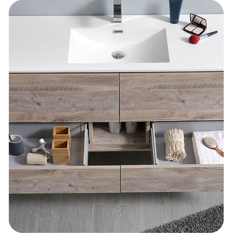Transitional Wall-Mounted 59'' Solid Wood Off-White Vanity with Acrylic Top
