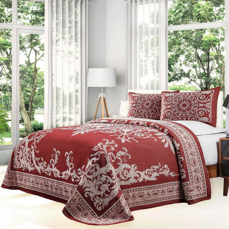 Berry Red Queen Cotton Blend Medallion Bedspread Set