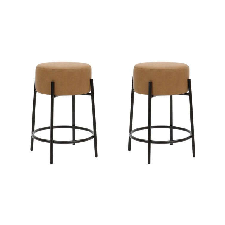 Light Brown Faux Leather Backless Counter Stools with Black Metal Frame