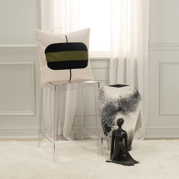 20'' Square Beige and Black Cotton Embroidered Throw Pillow
