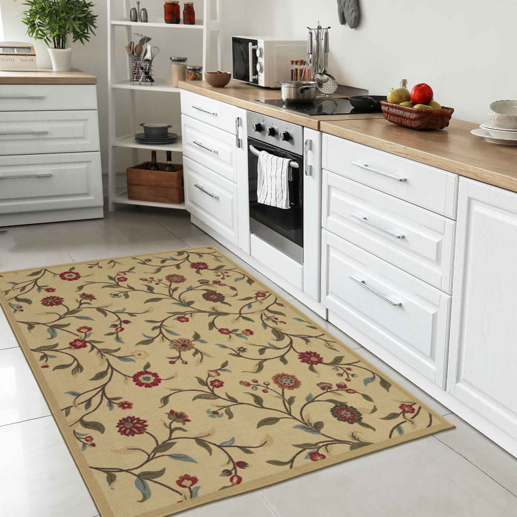 Beige Floral Leaves Design Washable Synthetic Area Rug