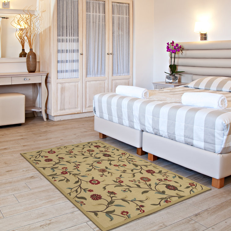 Beige Floral Leaves Design Washable Synthetic Area Rug