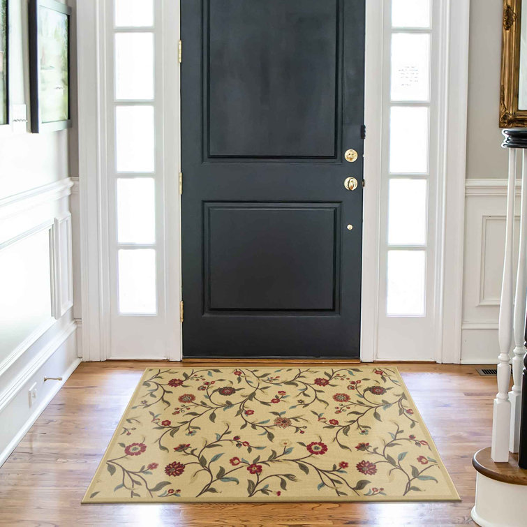 Beige Floral Leaves Design Washable Synthetic Area Rug