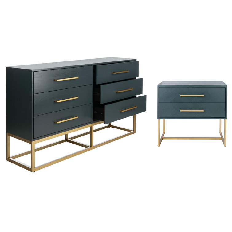 Estelle Transitional Teal 6-Drawer Dresser with Brass Accents
