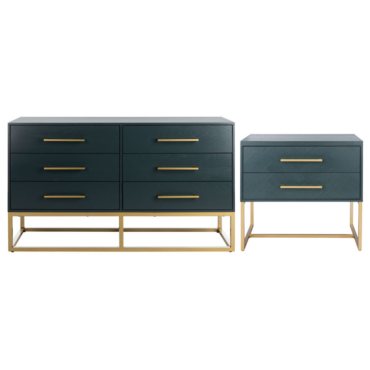 Estelle Transitional Teal 6-Drawer Dresser with Brass Accents