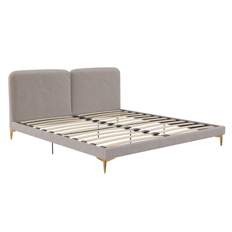 King Taupe Velvet Upholstered Platform Bed with Gold Legs