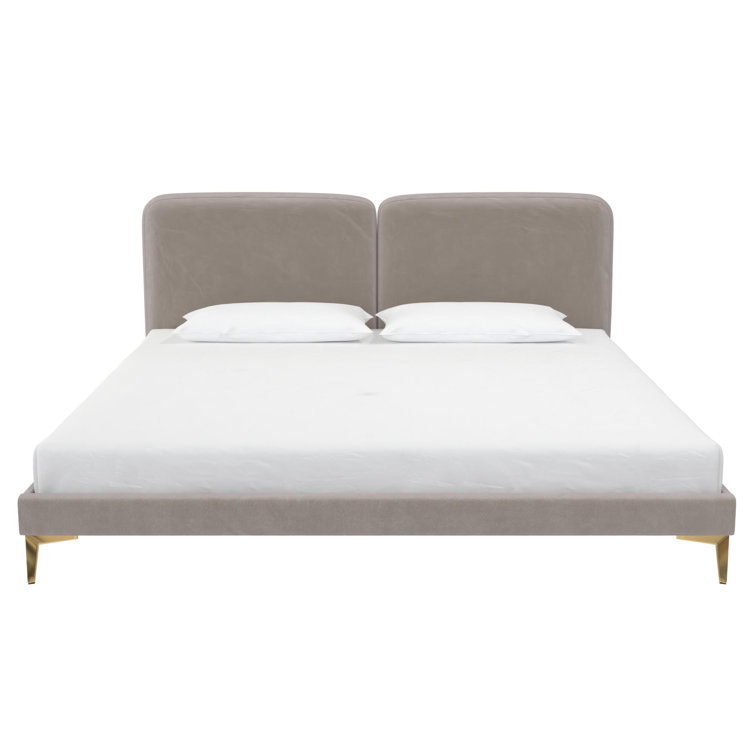 King Taupe Velvet Upholstered Platform Bed with Gold Legs