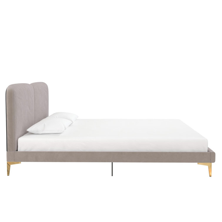 King Taupe Velvet Upholstered Platform Bed with Gold Legs