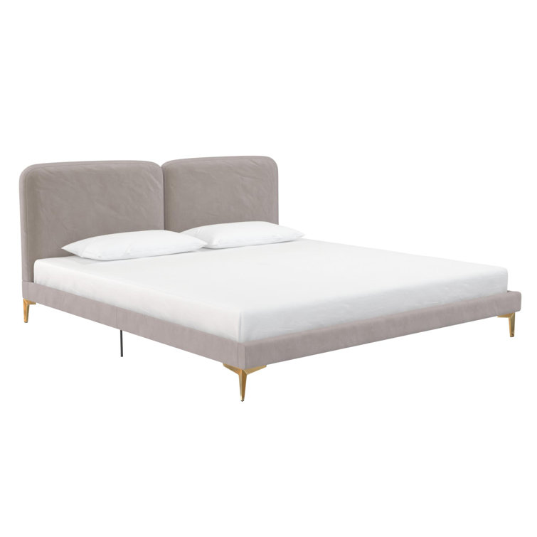 King Taupe Velvet Upholstered Platform Bed with Gold Legs