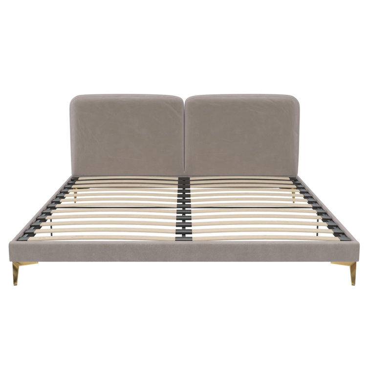 King Taupe Velvet Upholstered Platform Bed with Gold Legs
