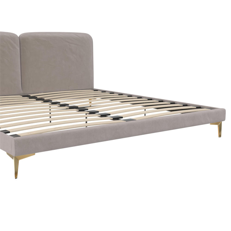 King Taupe Velvet Upholstered Platform Bed with Gold Legs