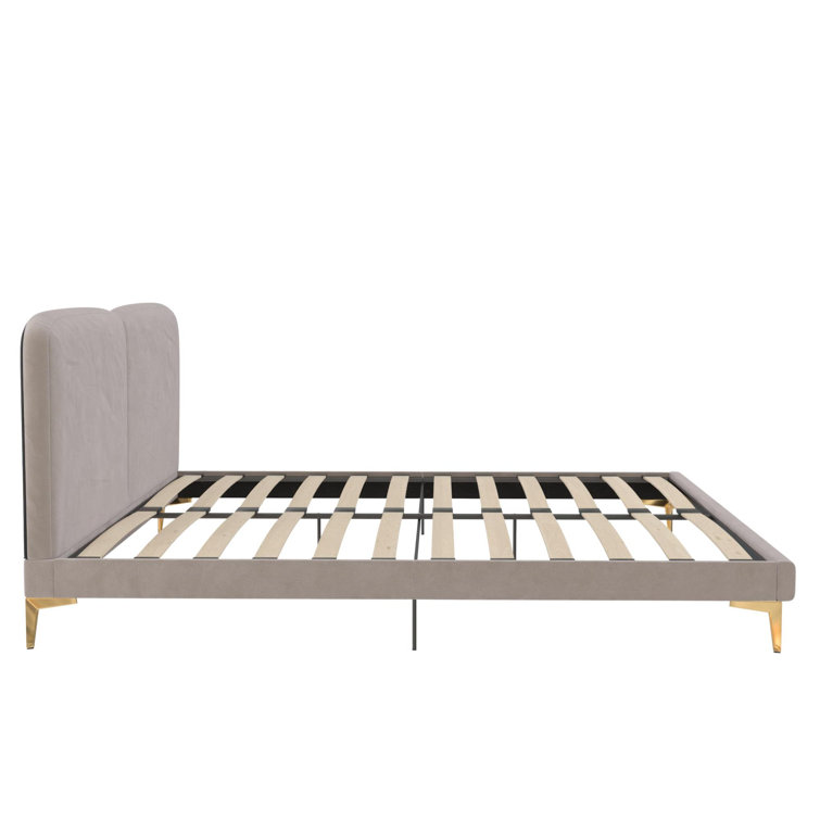 King Taupe Velvet Upholstered Platform Bed with Gold Legs