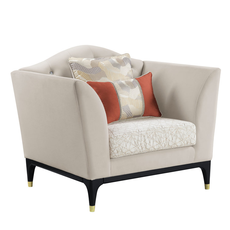 Tayden Beige Velvet Geometric Accent Chair with Black Base