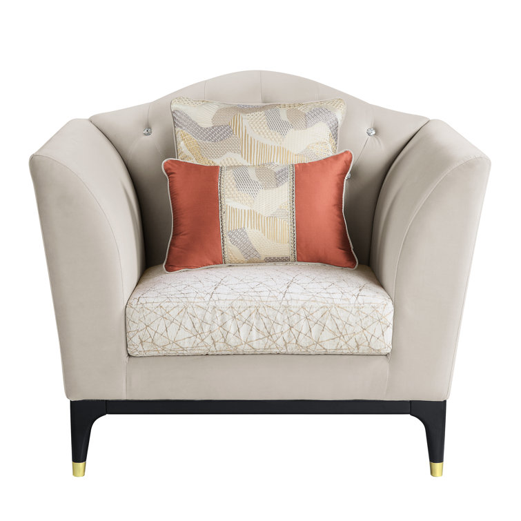 Tayden Beige Velvet Geometric Accent Chair with Black Base