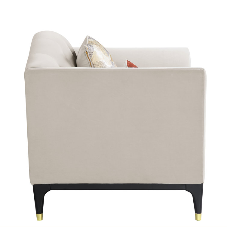 Tayden Beige Velvet Geometric Accent Chair with Black Base
