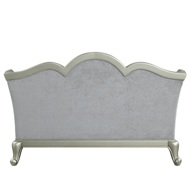 66" Light Gray Linen Loveseat with Champagne Wood Trim