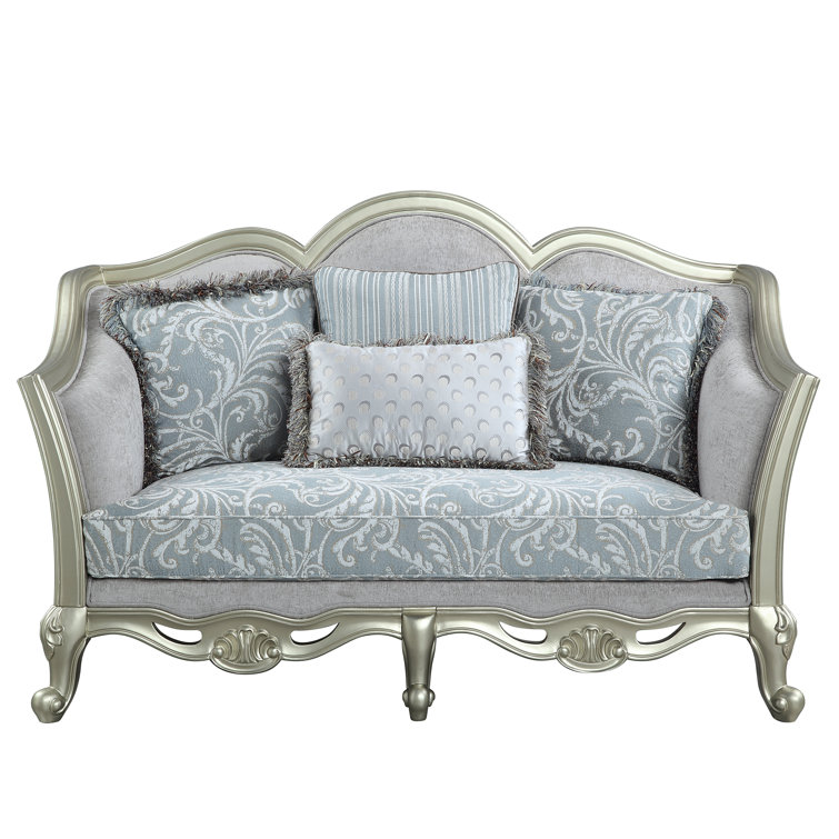 66" Light Gray Linen Loveseat with Champagne Wood Trim