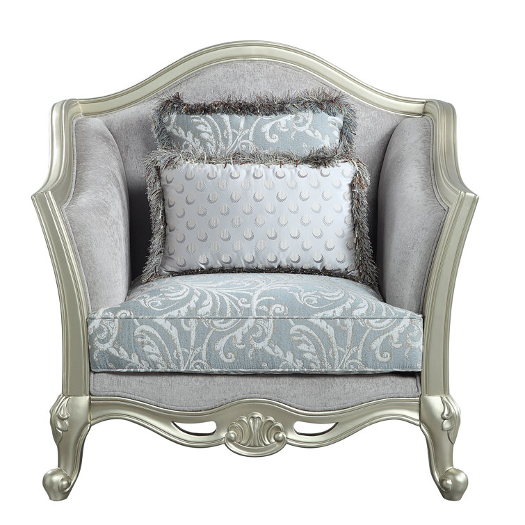 Light Gray and Champagne Floral Upholstered Chair with Pillows