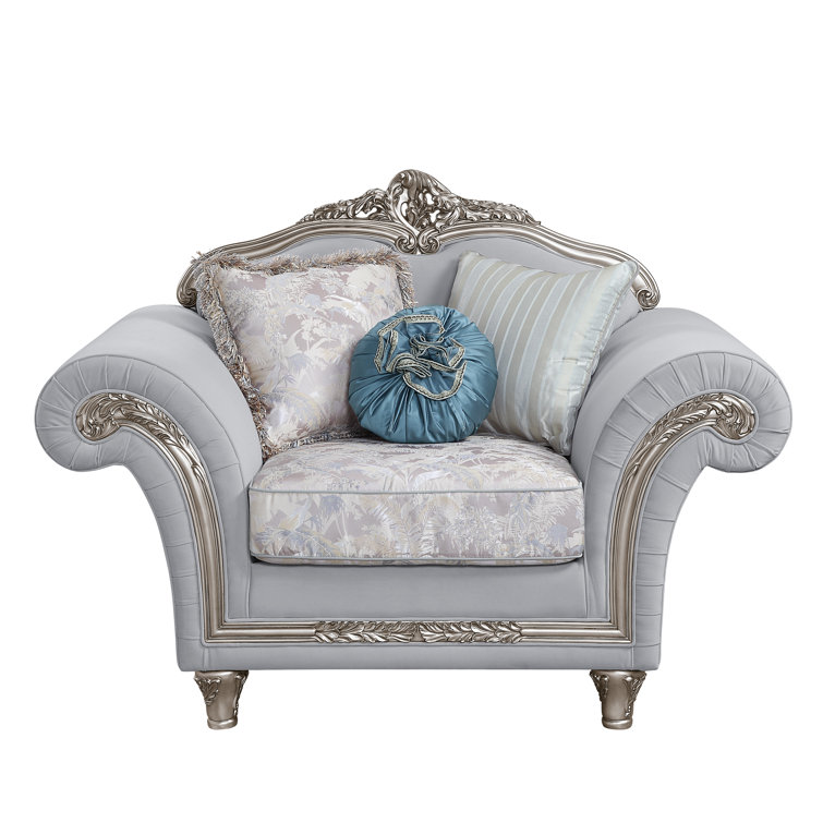Luxurious Gray Linen & Platinum Wood Trim Accent Chair with Pillows