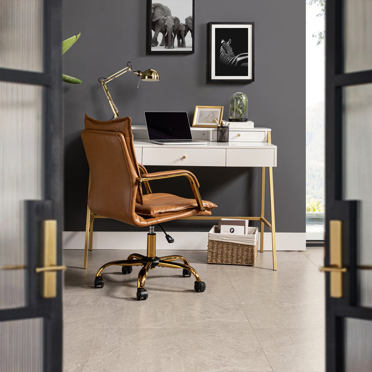 Camel Faux Leather Swivel Task Chair with Golden Legs