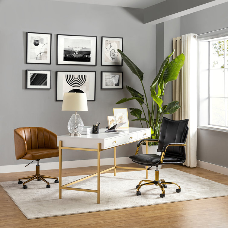 Black Faux Leather Swivel Task Chair with Golden Base
