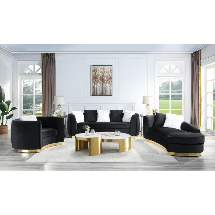 Elegant Flared Black Velvet Armchair with Brass Base