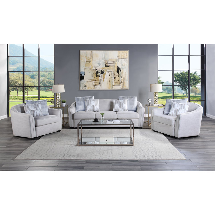 Stainli Modern Beige Textured-Linen Wood Barrel Accent Chair
