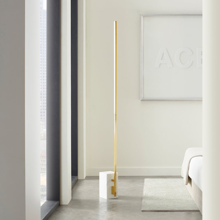 Klee Minimalist Natural Brass & White Marble LED Floor Lamp with Shelf