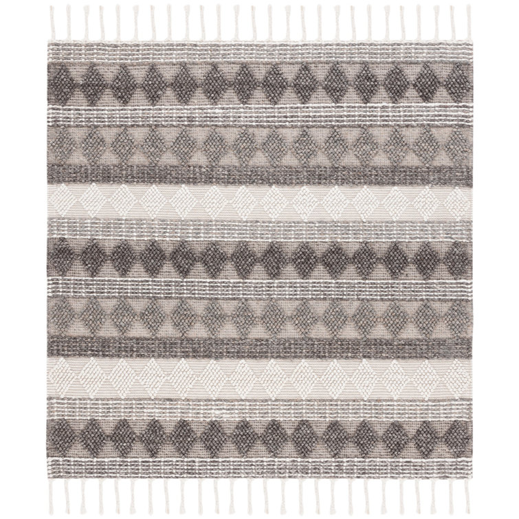 Ivory and Black Handwoven Wool Square Area Rug