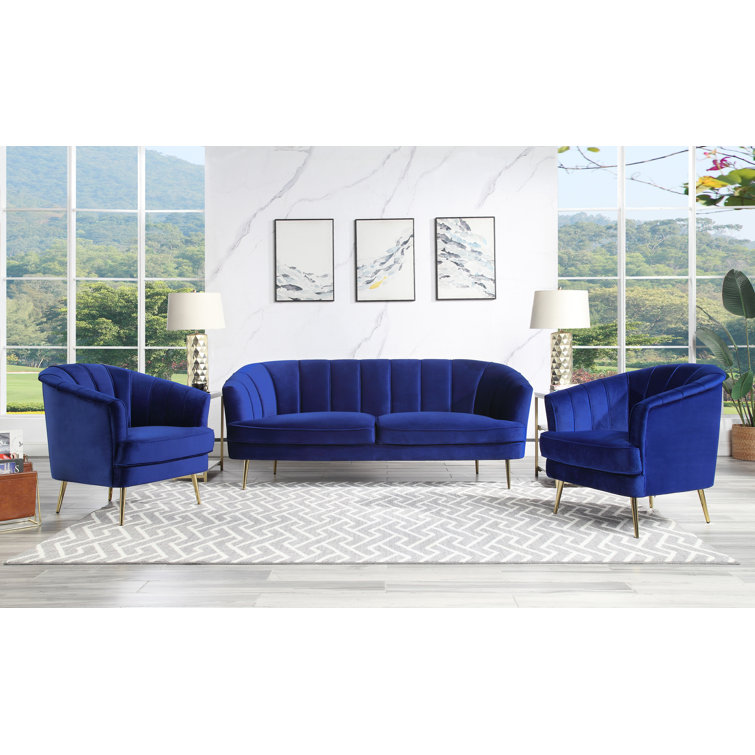 Eivor Classy Blue Velvet Tufted Sofa with Metal Legs