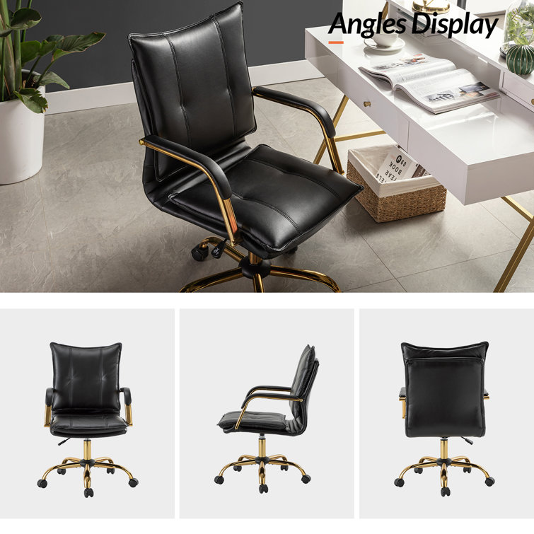 Black Faux Leather Swivel Task Chair with Golden Base