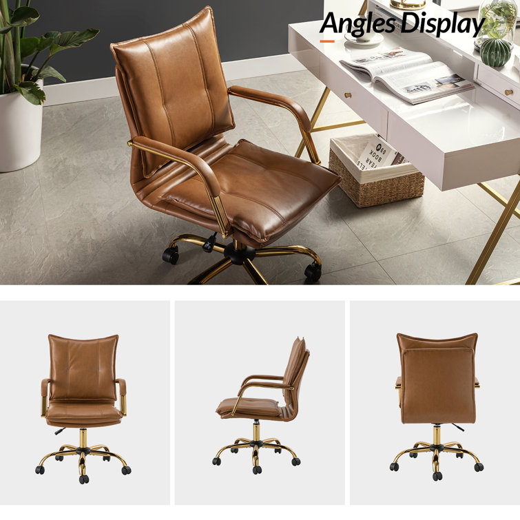 Camel Faux Leather Swivel Task Chair with Golden Legs