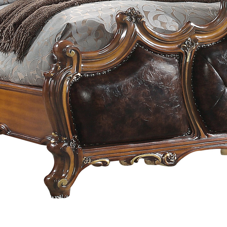 Cherry Oak Queen Bed with Tufted Upholstered Headboard