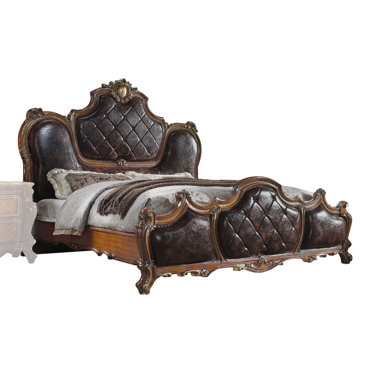 Cherry Oak Queen Bed with Tufted Upholstered Headboard