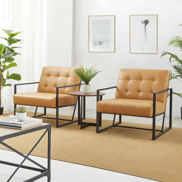 Camel Faux Leather Barrel Accent Chairs with Black Metal Frame