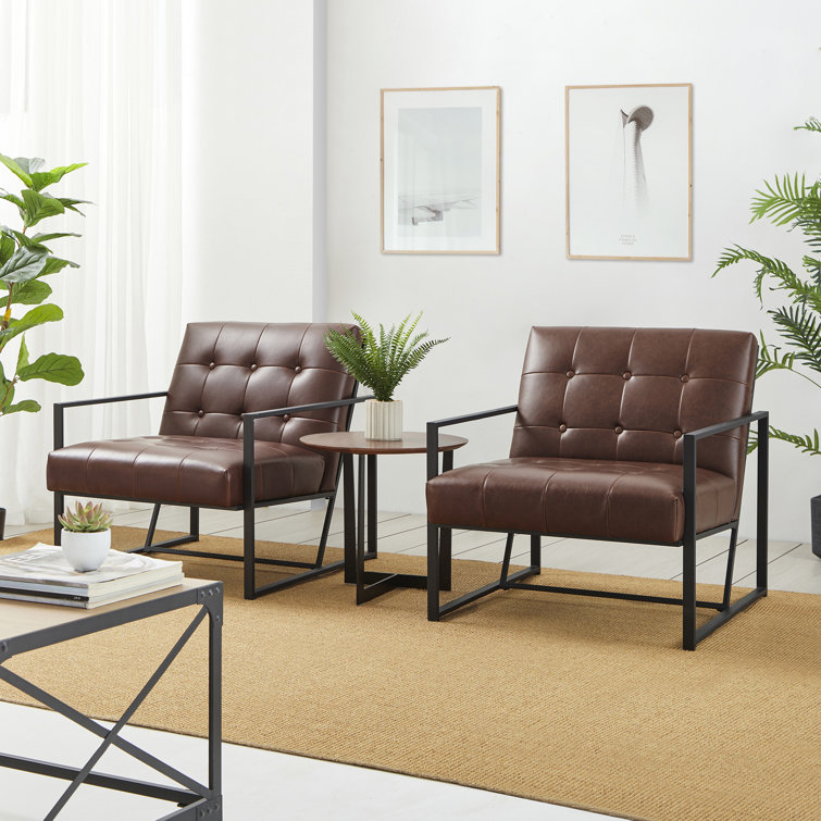 Set of 2 Brown Faux Leather and Metal Accent Chairs