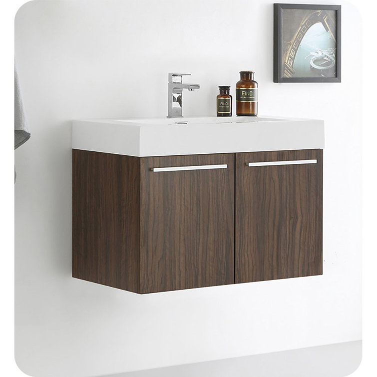 Teak Wall-Mounted Single Sink Vanity with Acrylic Top