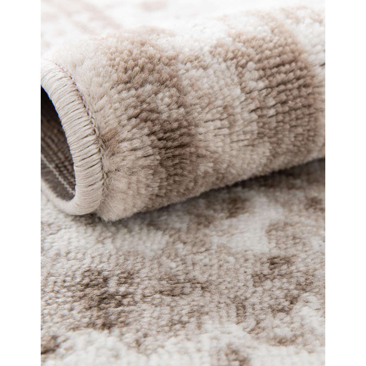 Beige Oval Medallion Synthetic Stain-Resistant Area Rug