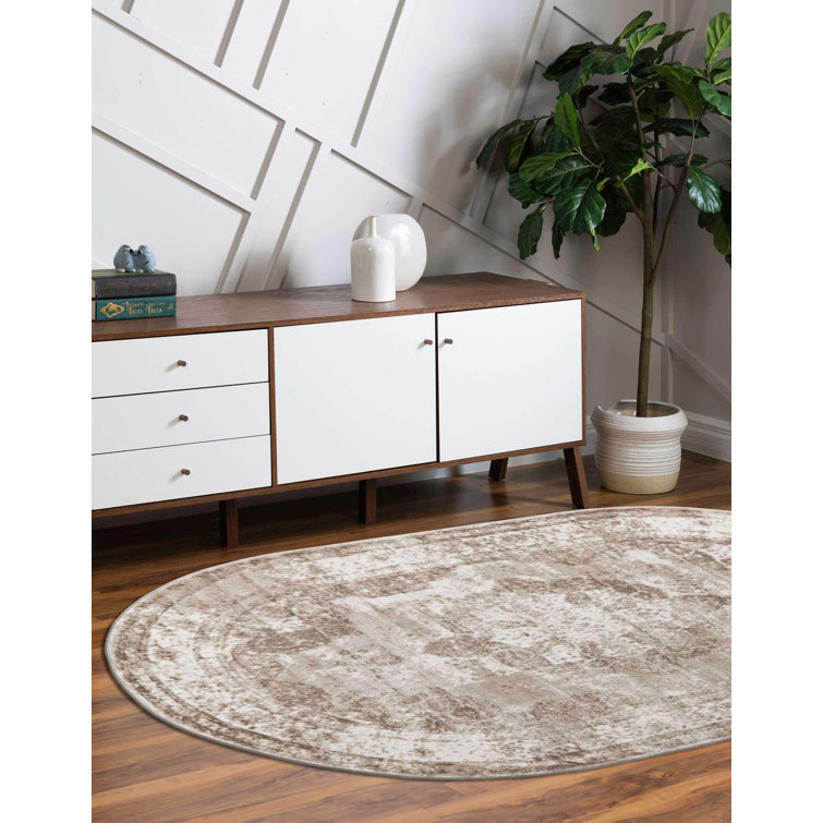 Beige Oval Medallion Synthetic Stain-Resistant Area Rug