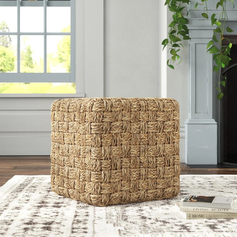 Medium Brown Seagrass Square Upholstered Pouf