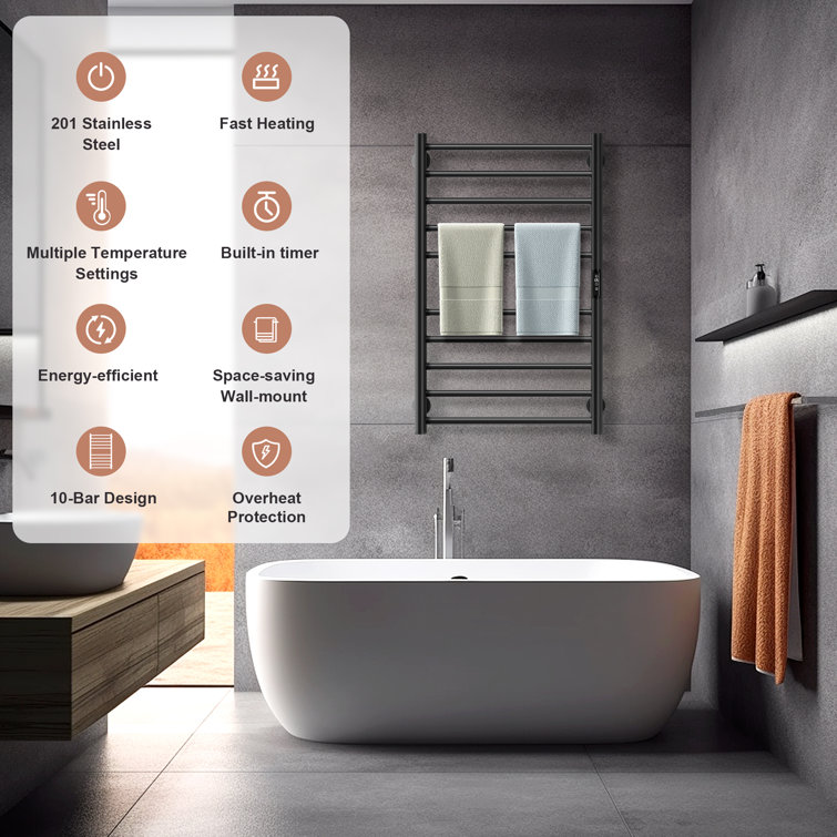 Wall Mount Electric Towel Warmer 10 Bars Heated Towel Rack