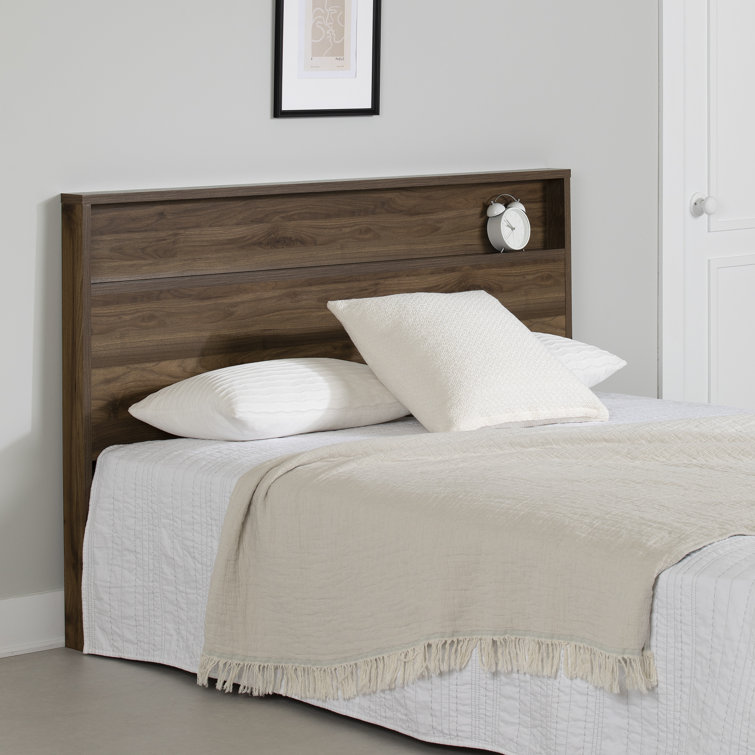 Full Walnut Wood Headboard with Storage Shelf