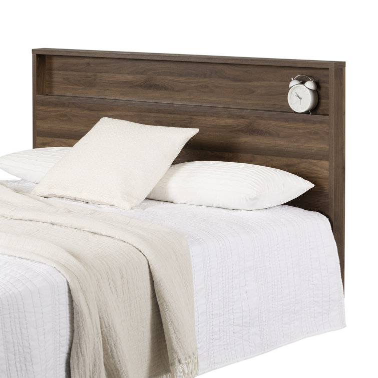 Full Walnut Wood Headboard with Storage Shelf